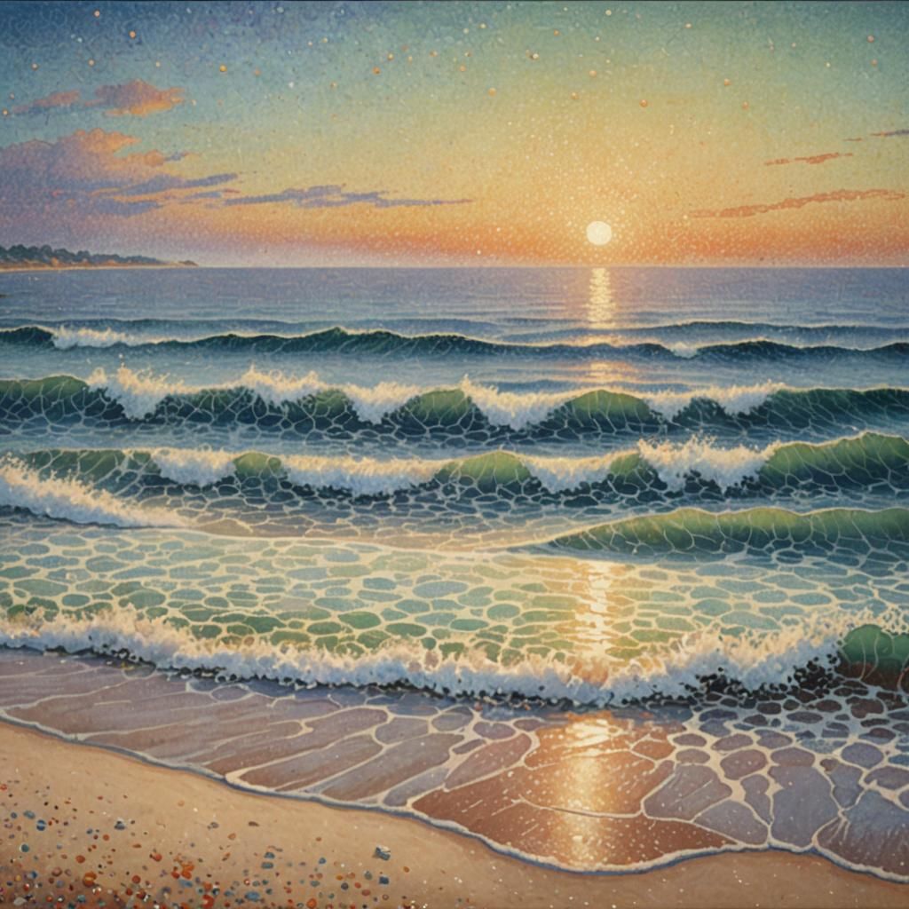 Pointillist Seascape at Dawn: A Wide Angle View