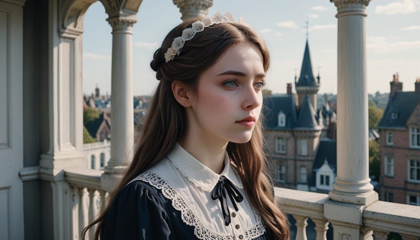 Victorian Maid on Castle Balcony in Morning Breeze