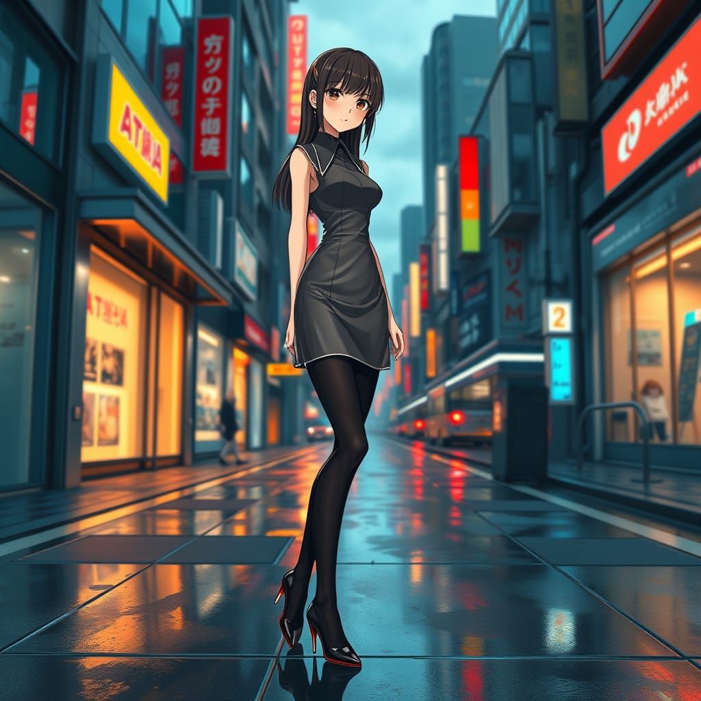 Sleek Anime Girl Stands Confidently in City Streets