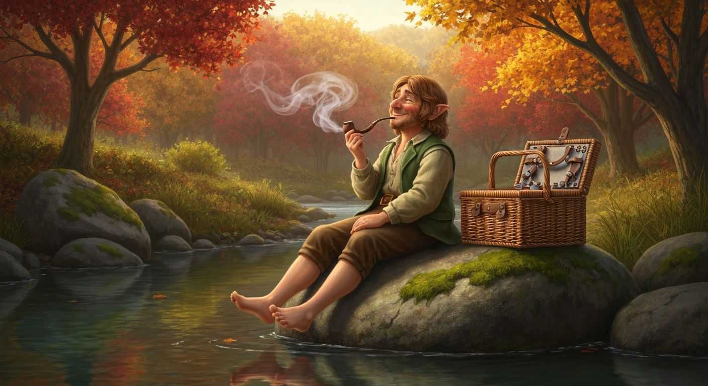 Hobbit Enjoys Autumn Picnic by River
