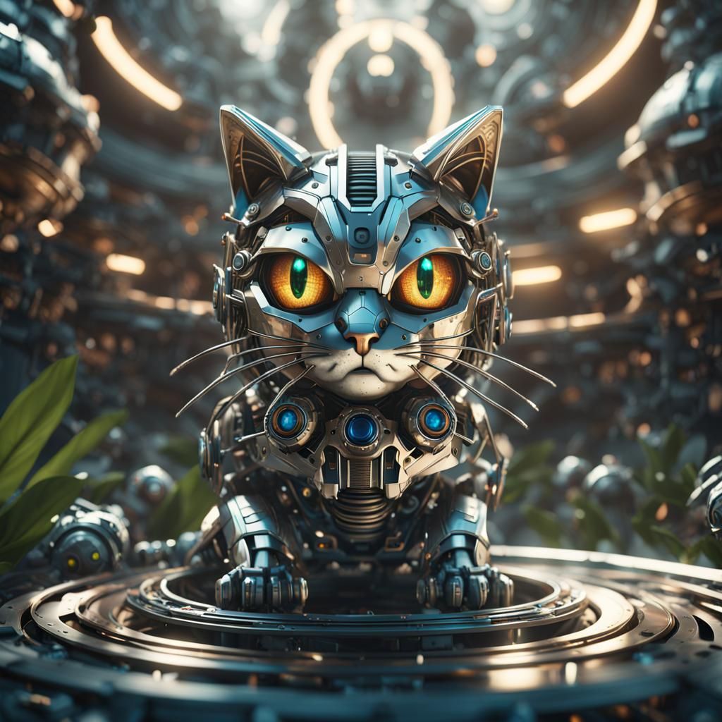 Three-Eyed Cat in Futuristic Spiral Garden