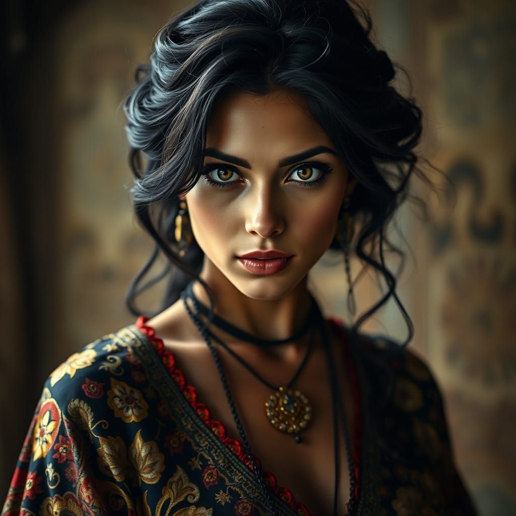 a waist up portrait of a beautiful olive skinned woman with ...