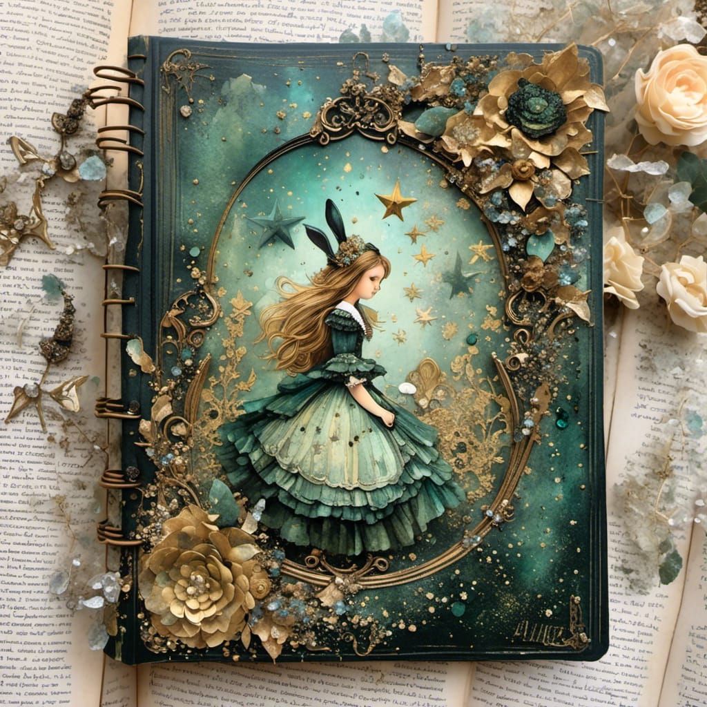 Alice in Wonderland Vintage Journal Page in Art Nouveau Styl...