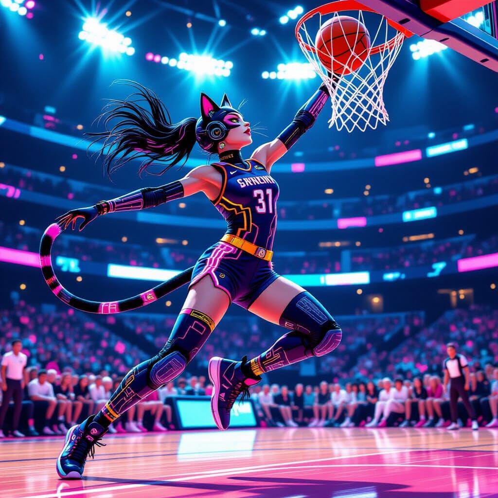Cyberpunk Catwoman Slam Dunk in Neon Arena