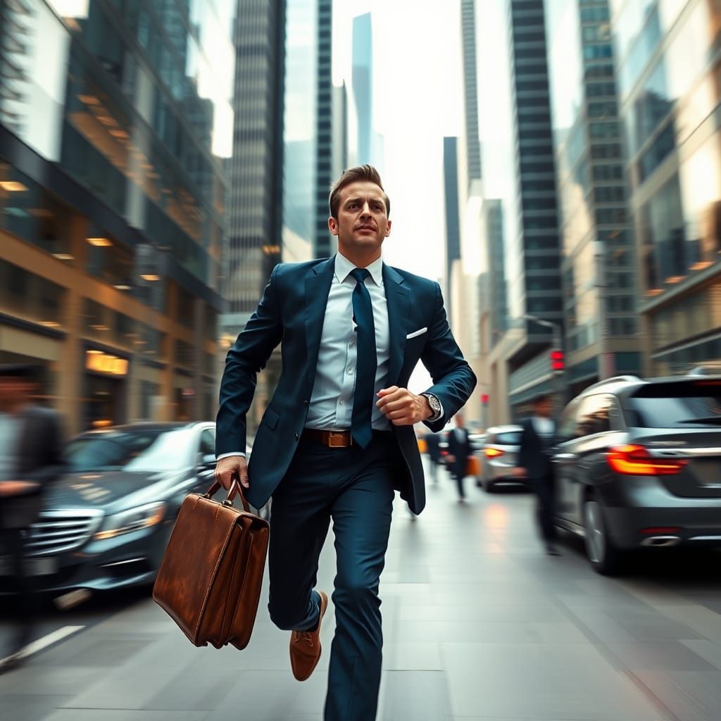 Businessman Sprinting Through City in Cinematic Style