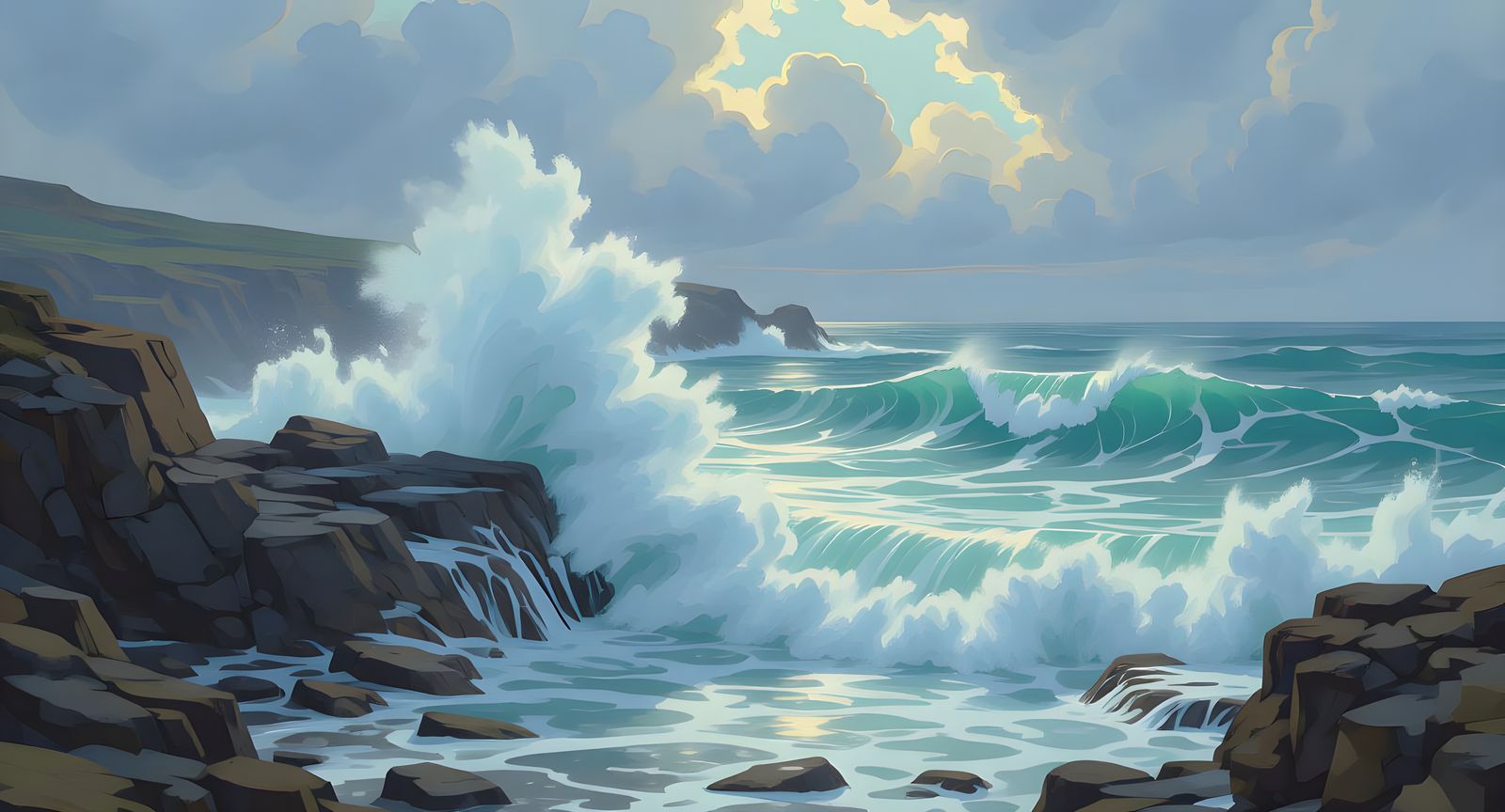 Realistic Rocky Coastline with Crashing Waves