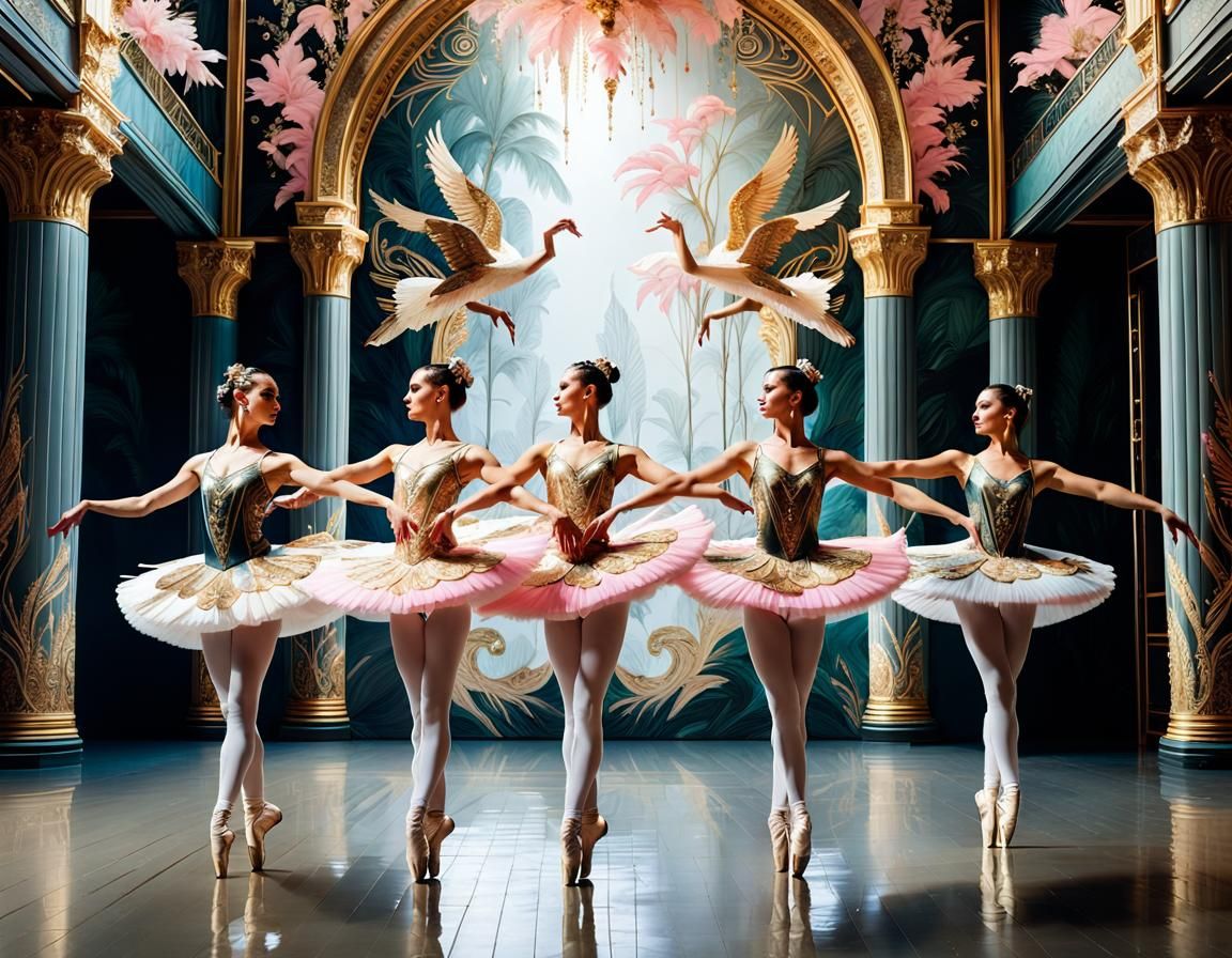 Ballerinas Practicing Swan Lake in Art Deco Style