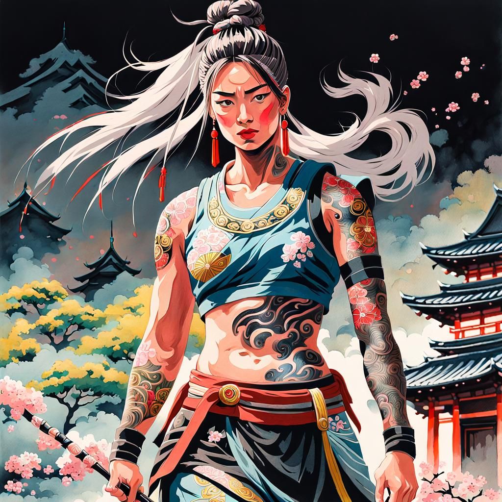 Muscular Warrior with Japanese Tattoos in Gouache Style
