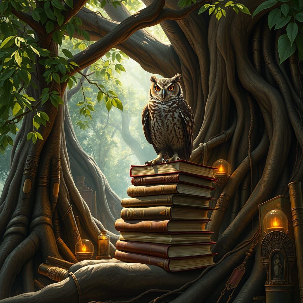 Owl in Secret Tree Library, Hyperrealistic Matte Painting
