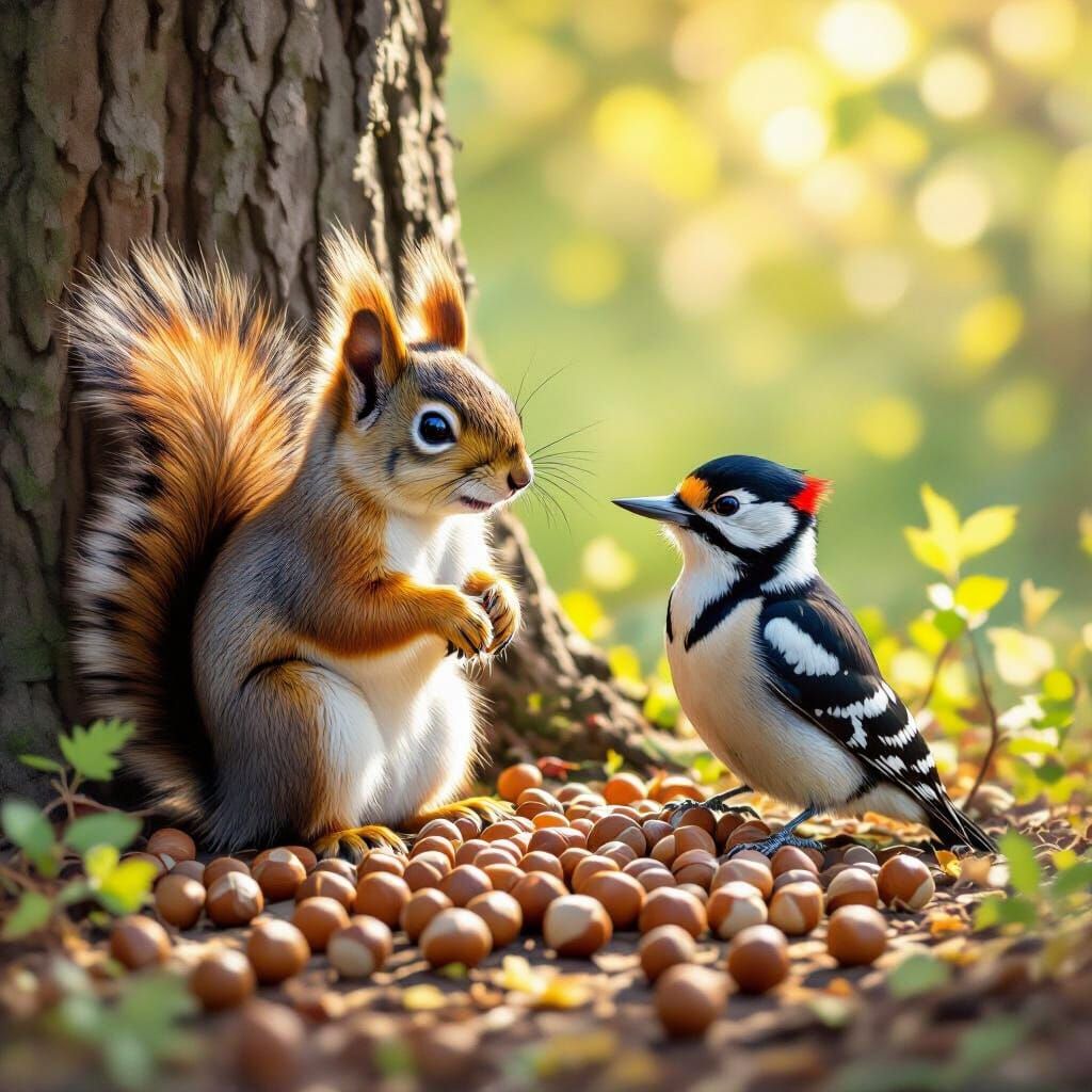 Squirrel and Woodpecker with Hazelnuts in Painterly Style