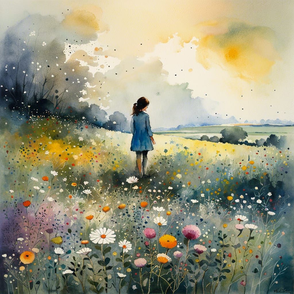 Girl in Blooming Meadow: Watercolor Painting