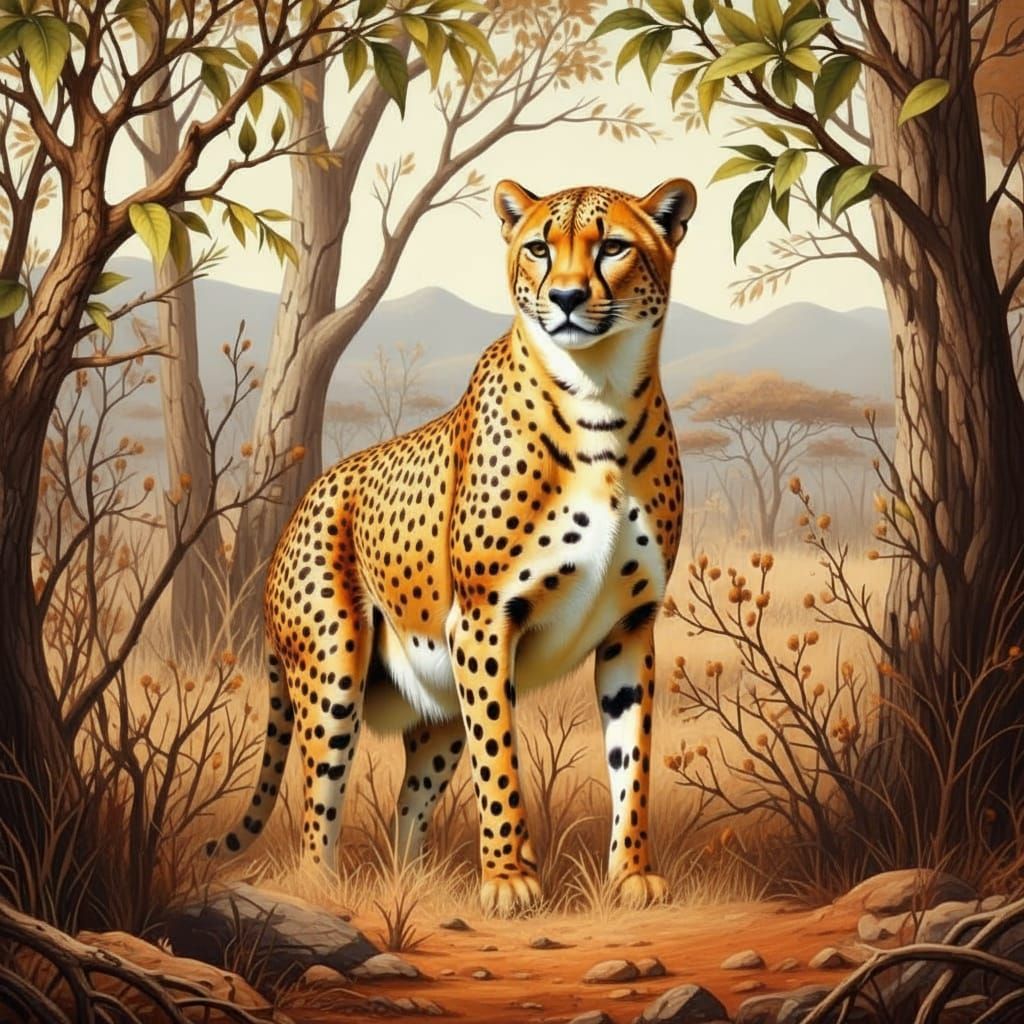 Vibrant Cheetah in Tropical Jungle Gouache Painting