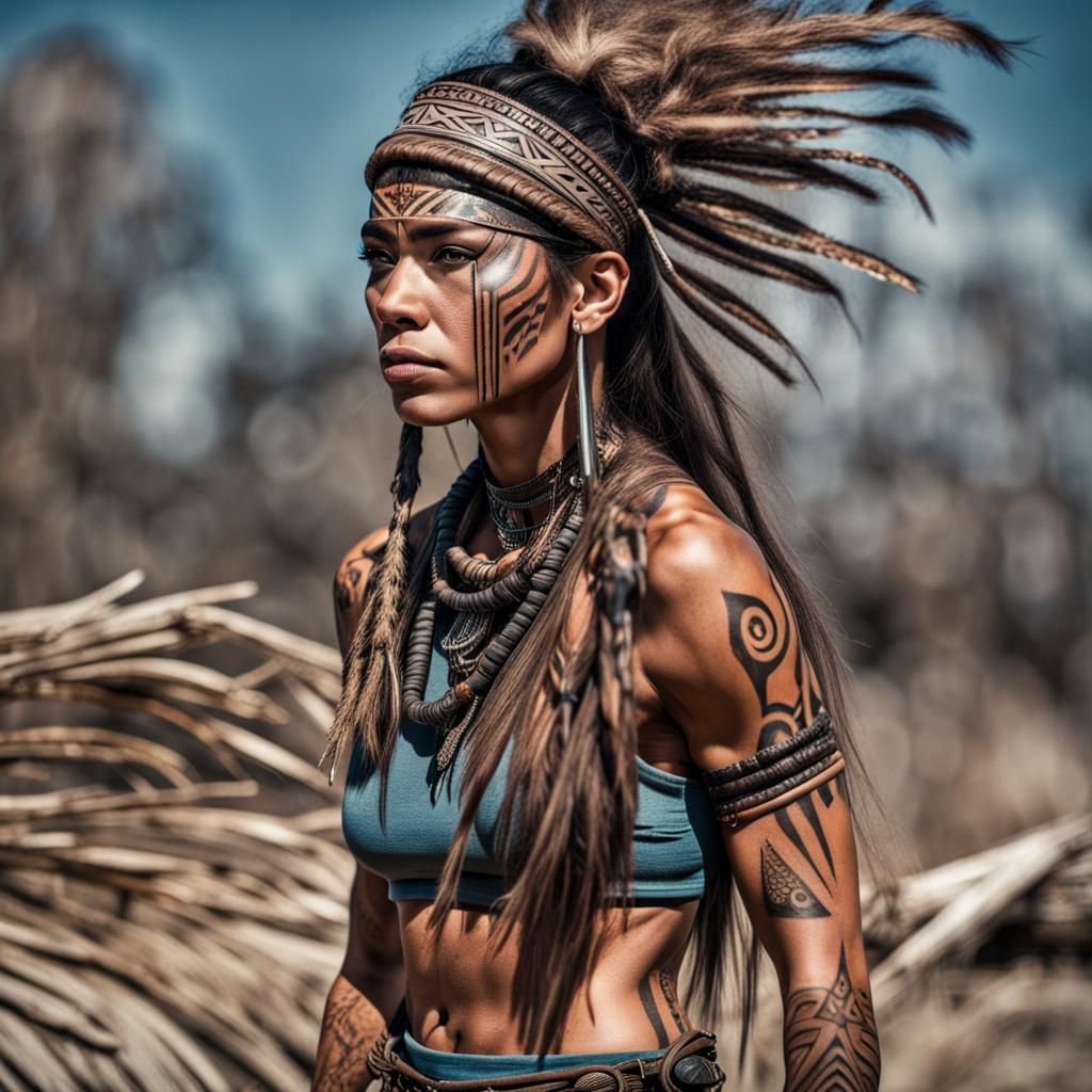 Muscular Woman Warrior with Tribal Tattoos