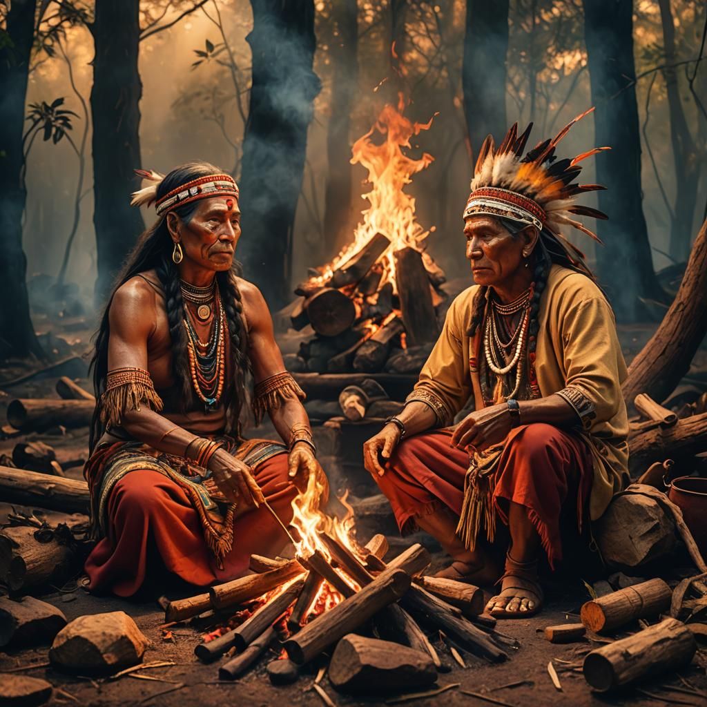 Amazonian Shaman by Campfire in Symbolic Realism Style