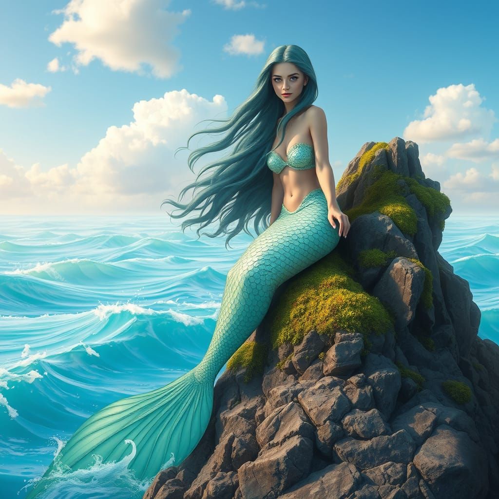 Mermaid on Rocky Outcrop in Dreamlike Digital Painting