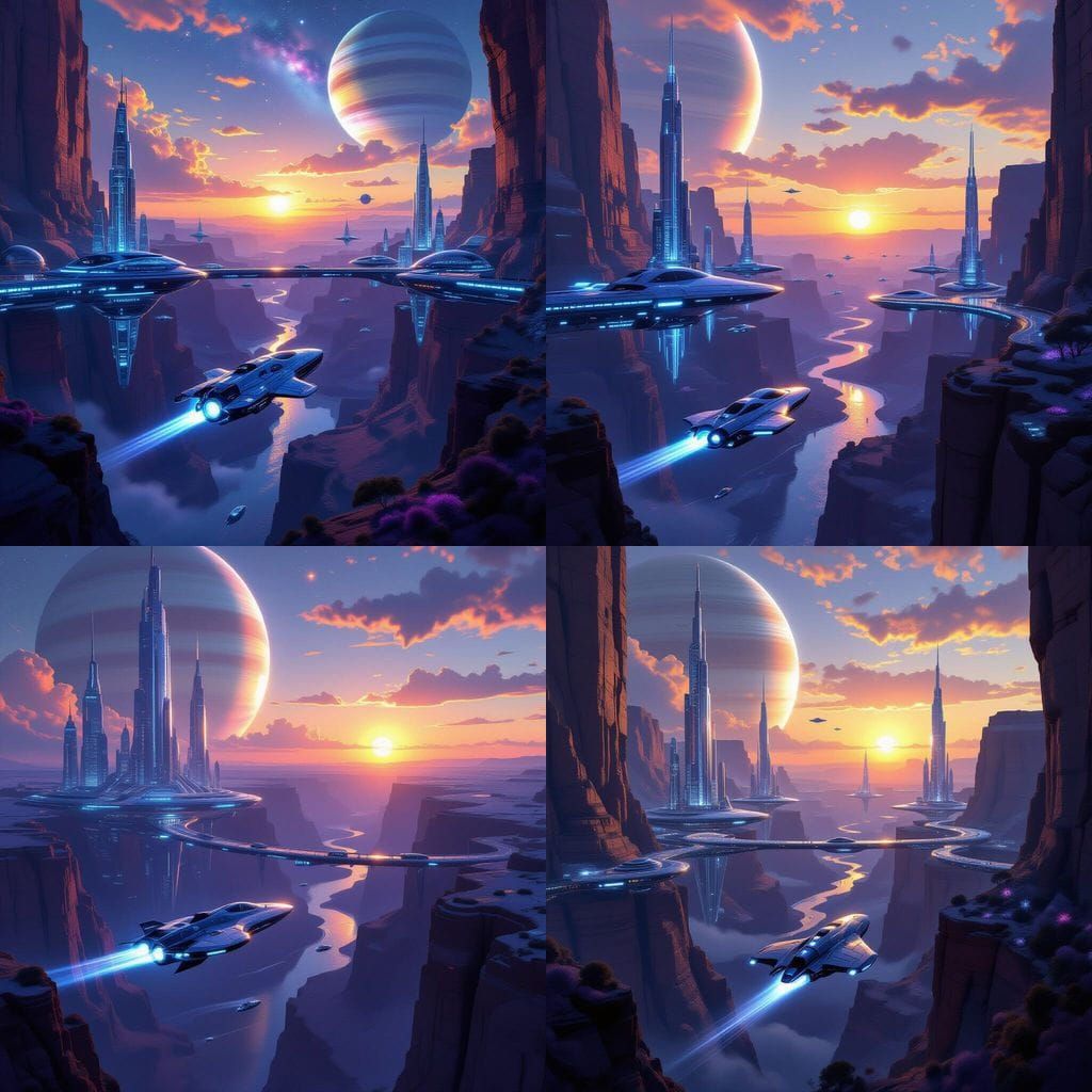Futuristic Alien City in Canyon Under Binary Sunset