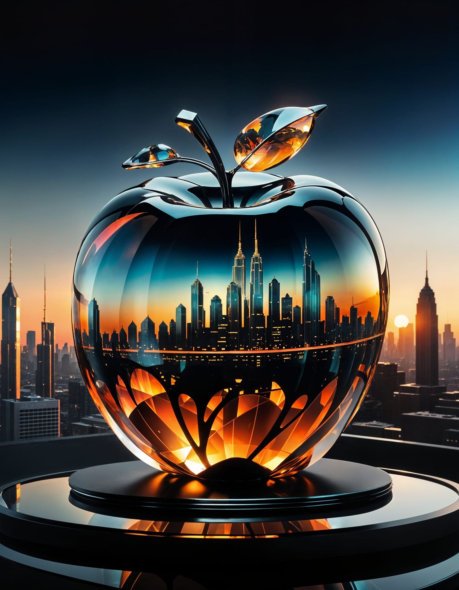 Glass Apple in Cosmic Sunset Scene