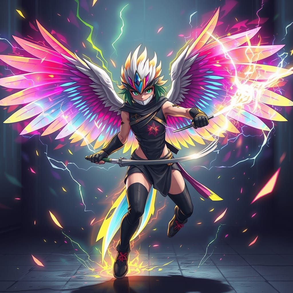 Electric Bird Girl Ninja in Sci-Fi Anime Style