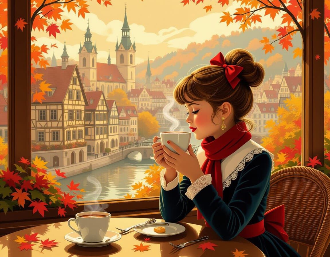 Girl at Cafe in Autumn, Nostalgic Digital Art