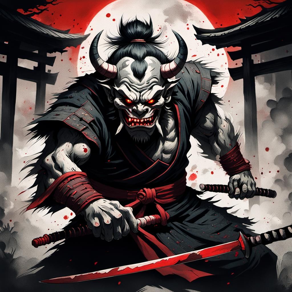 Menacing Oni Demon About to Behead Human, Ink Wash Painting