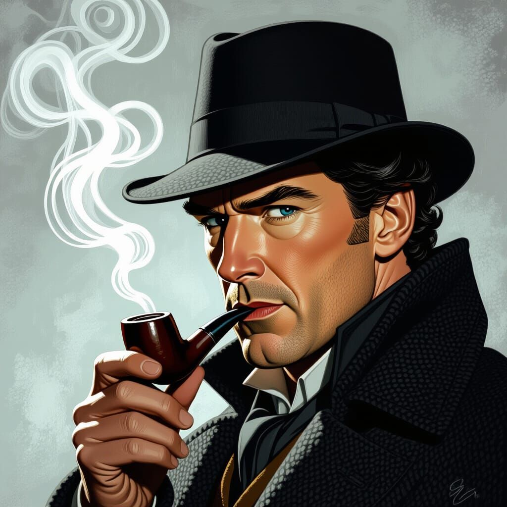 Sherlock Holmes Smoking Pipe in Dramatic Chiaroscuro