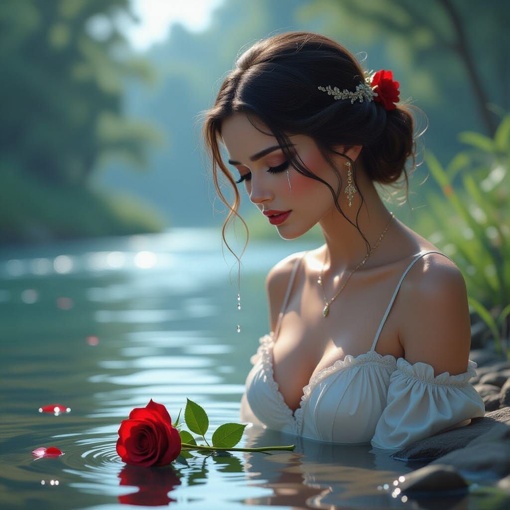 Sorrowful Woman Gazes at Rose on Riverbank