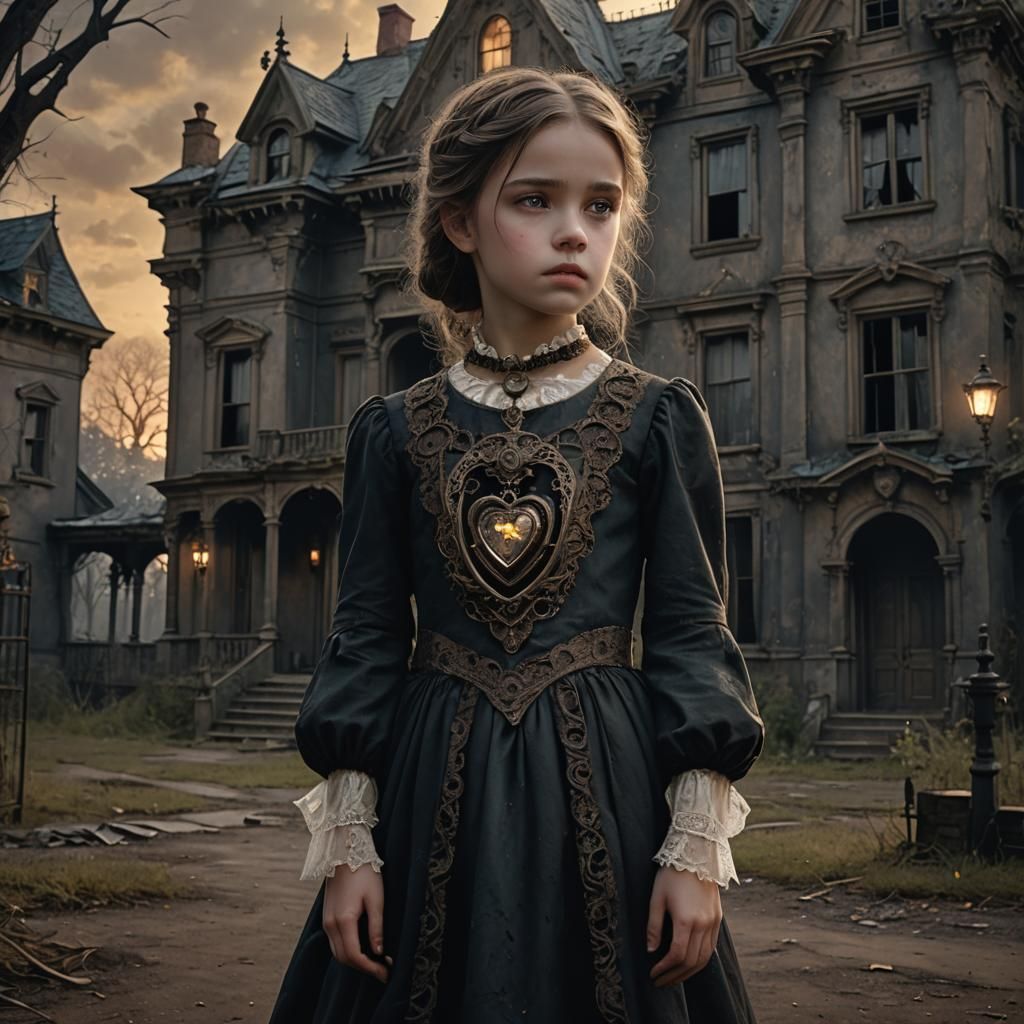 Ethereal Girl in Front of Haunted Victorian House