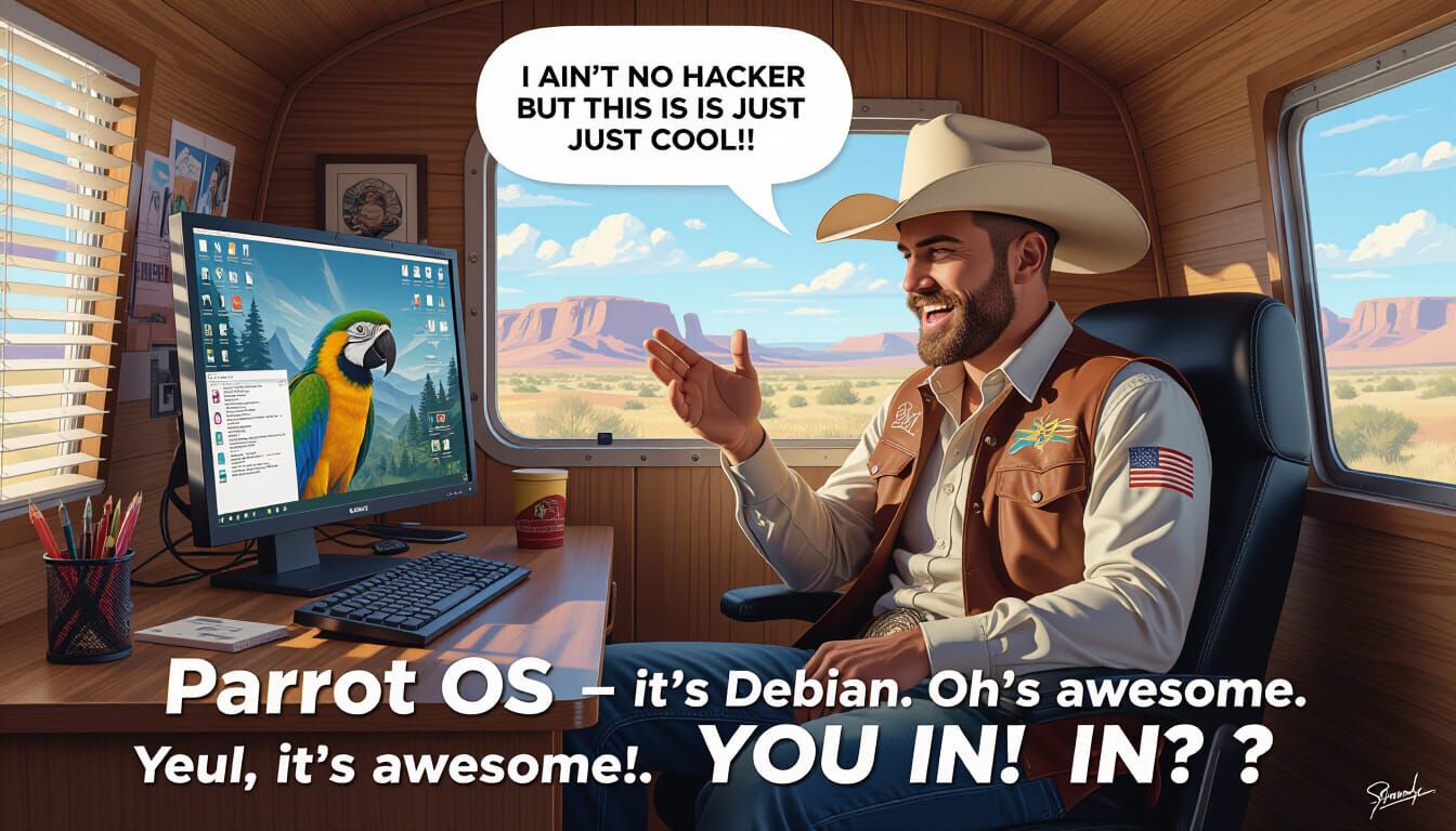 Cowboy Marvels at Parrot OS Linux in Trailer, Digital Art