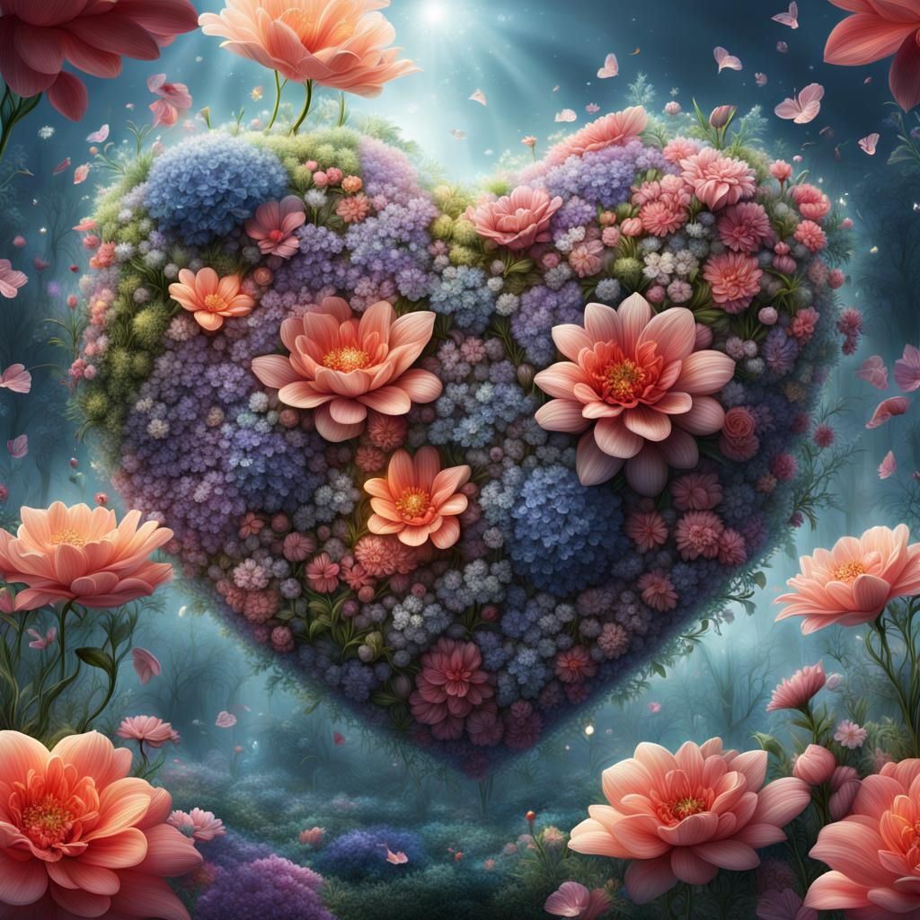 Translucent Floral Heart with Diamond Dust: Digital Art