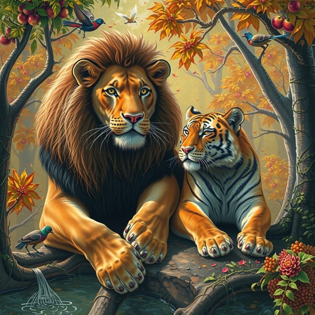 Majestic Lion and Tiger in Vibrant Autumn Forest