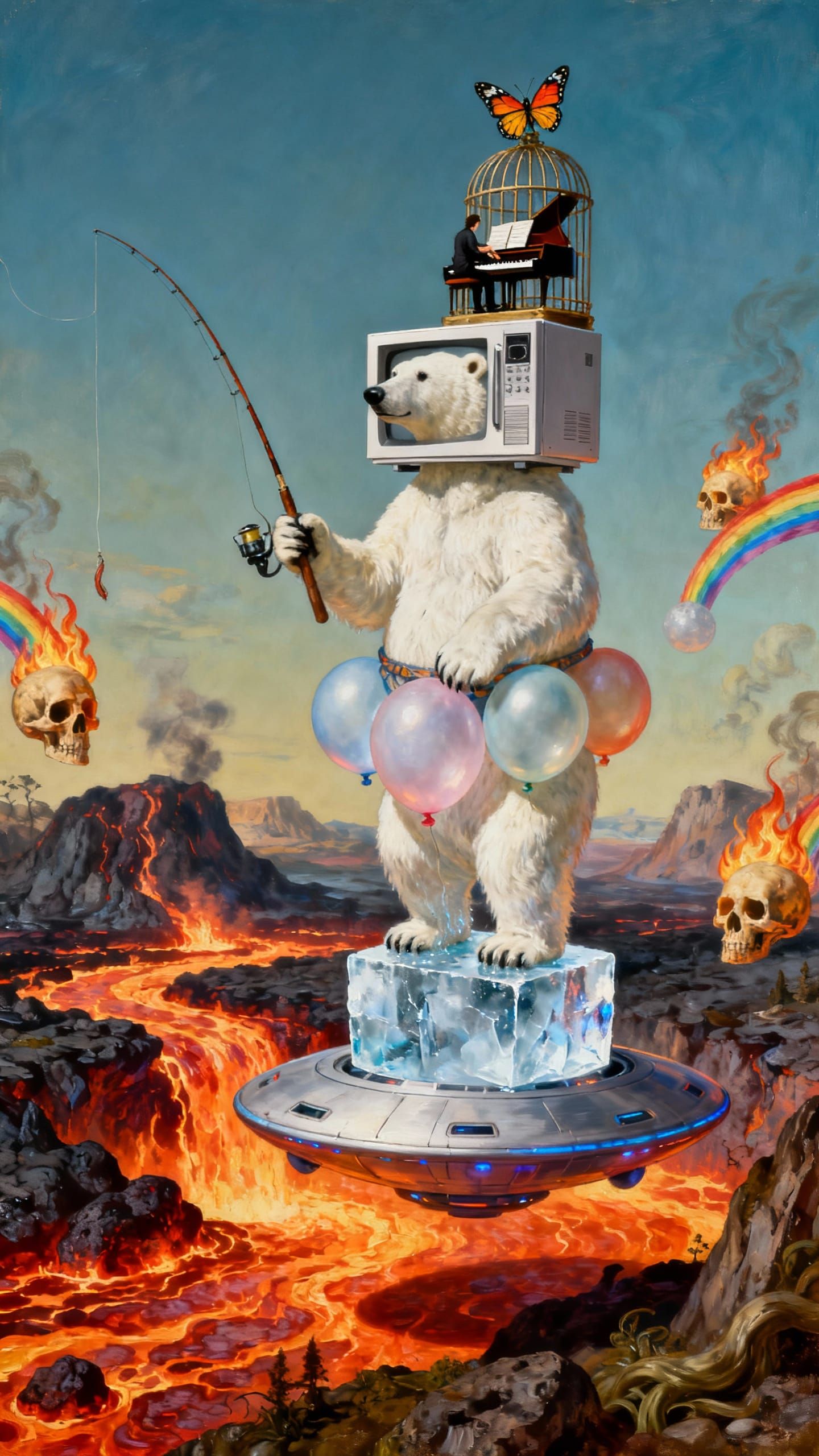 Surreal Polar Bear with Microwave Head Fishing on Lava Lake ...