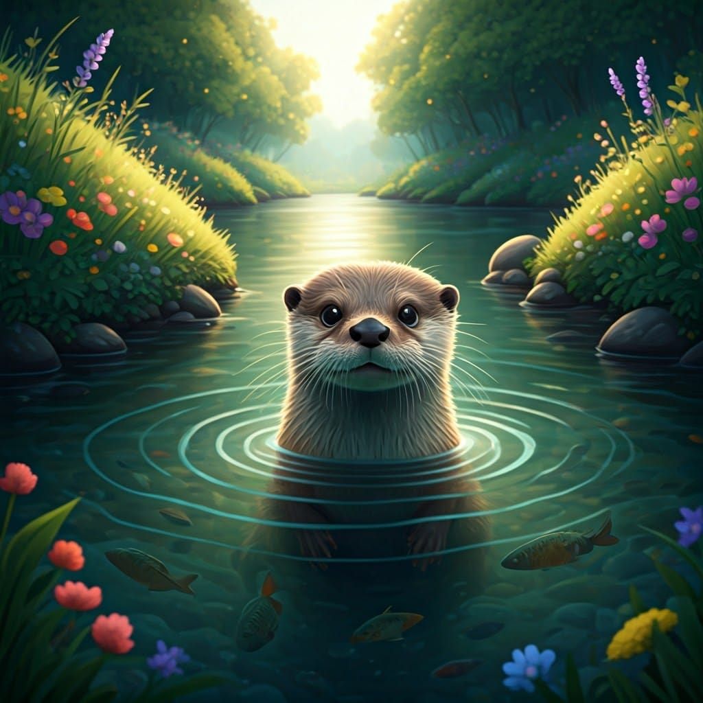 Enchanting Otter Scene in Whimsical Fairytale Style