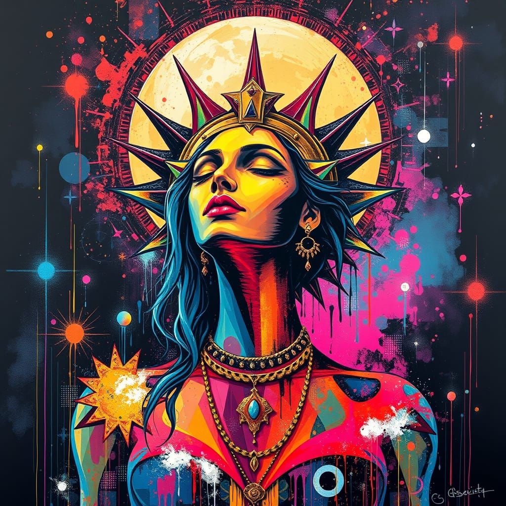 Geometric DMT Goddess in Graffiti Art Style