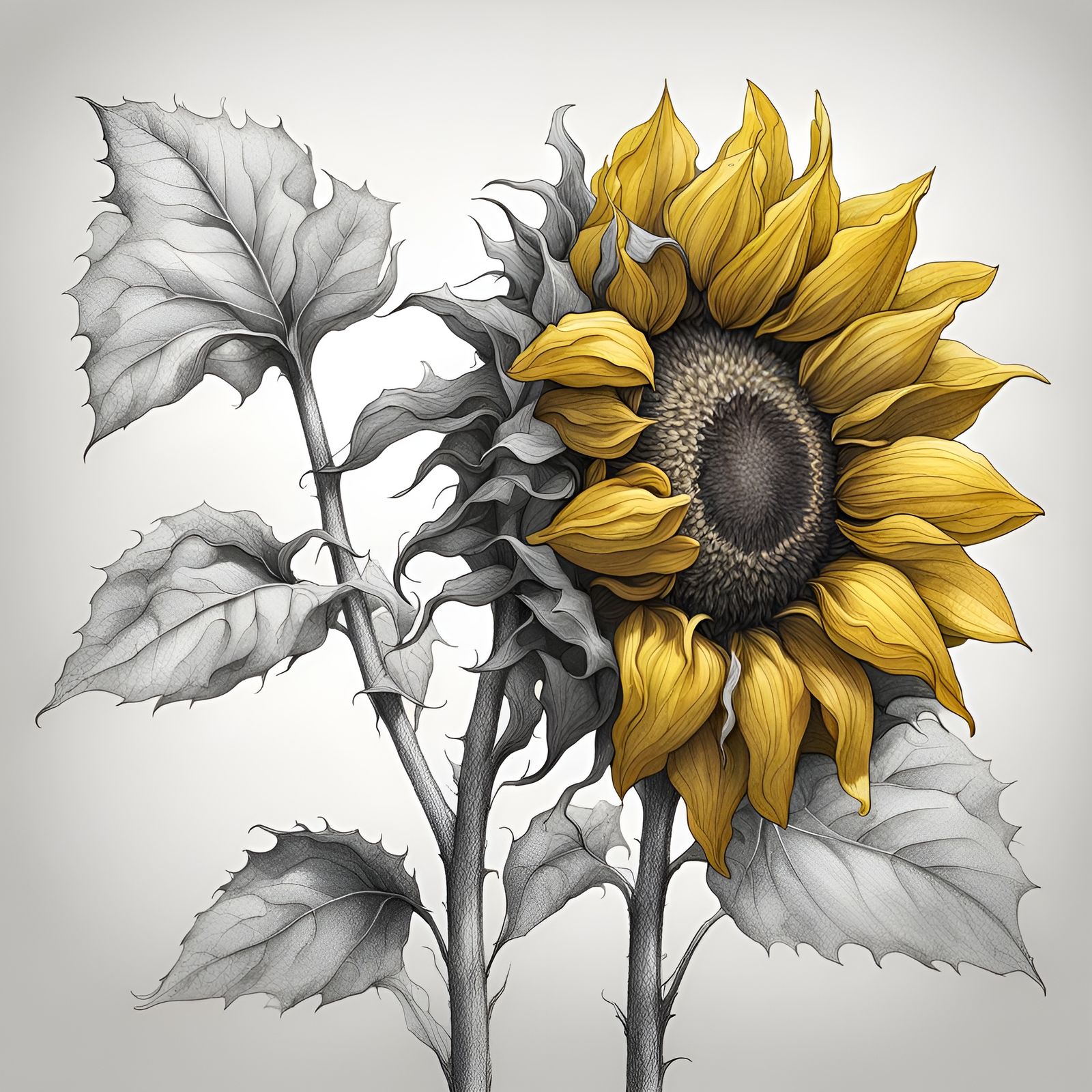 Realistic Sunflower Ink Drawing in Detailed Matte Painting