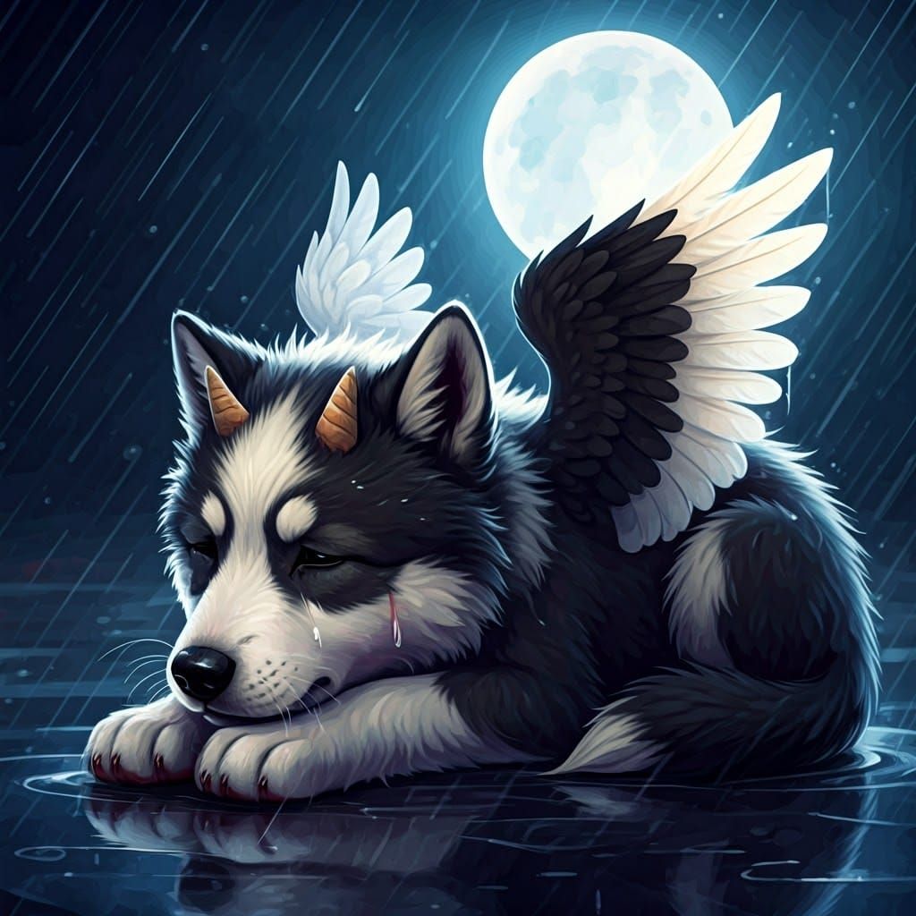 Adorable Wolf Puppy in Rain, Acrylic Painting