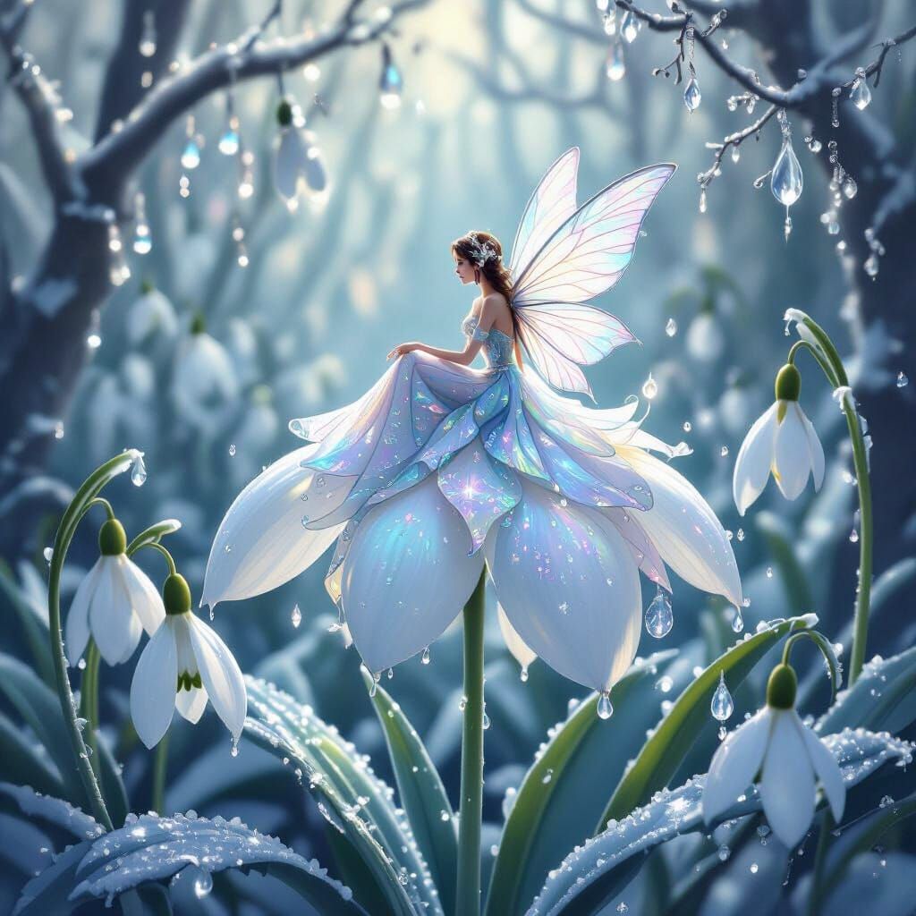 Ethereal Fairy on Glowing Snowdrop in Mystical Forest