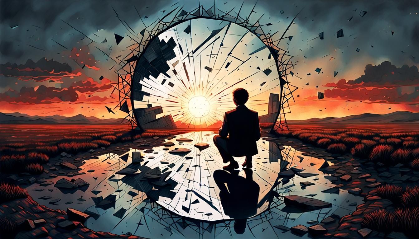 Surreal Broken Mirror Drawing with Eerie Reflections