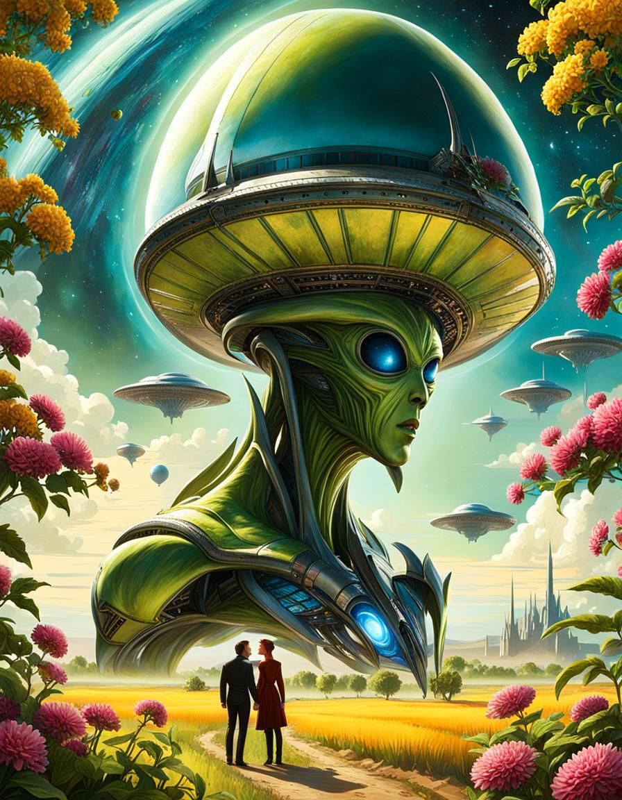 Alien and Man Kissing Before Alien Spacecraft