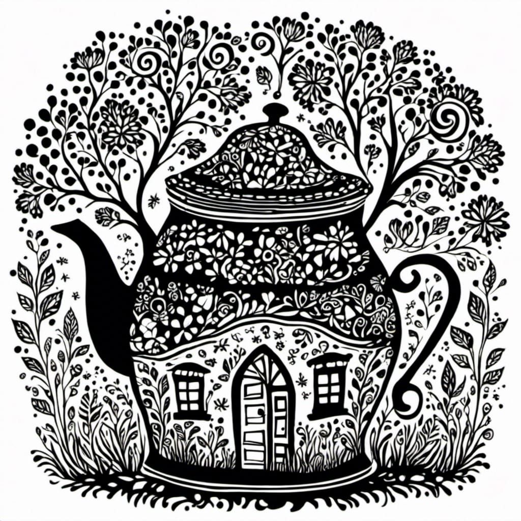 <lora:Bohemian Zentangle:1.0> tea pot house silhouette.