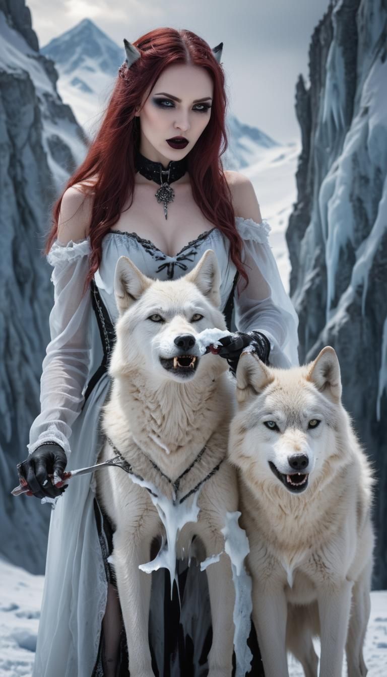 Gothic woman feeding  snow wolf,  ice mountain background, d...
