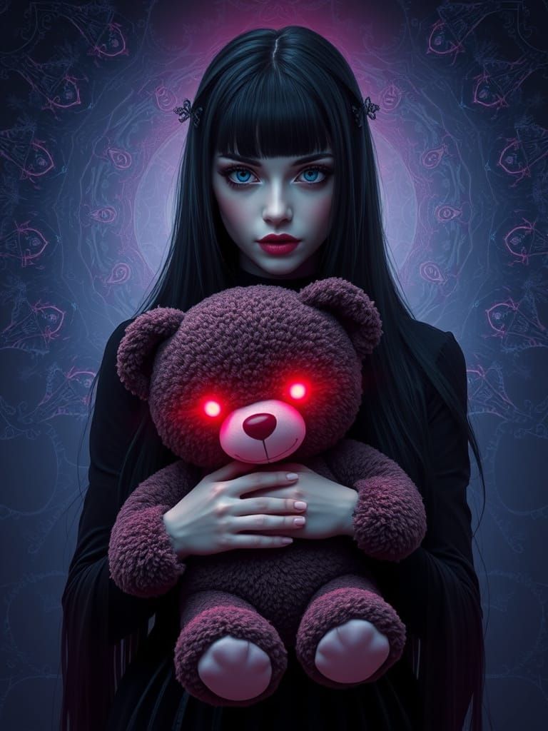 Gothic Woman with Glowing-Eyed Teddy Bear, Dark Aura