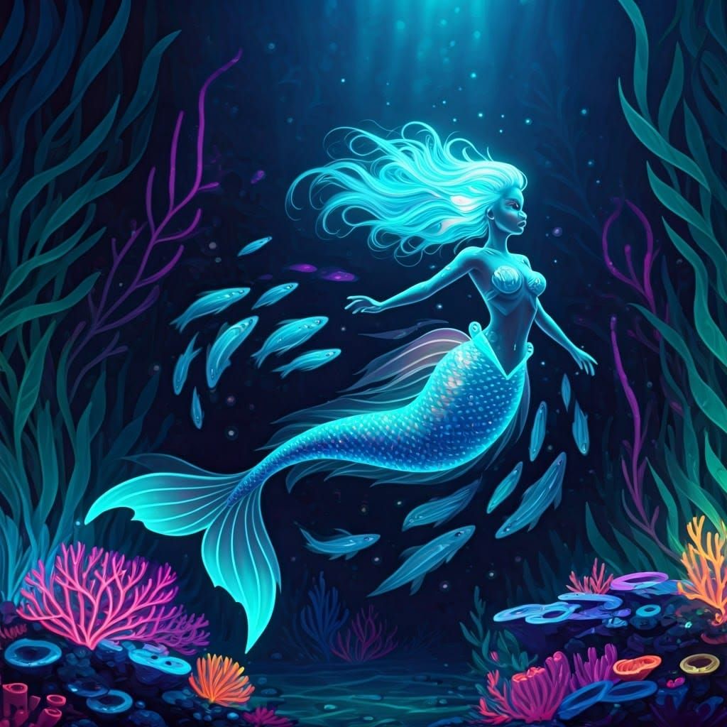 Glowing Mermaid in Ethereal Aquatic Wonderland