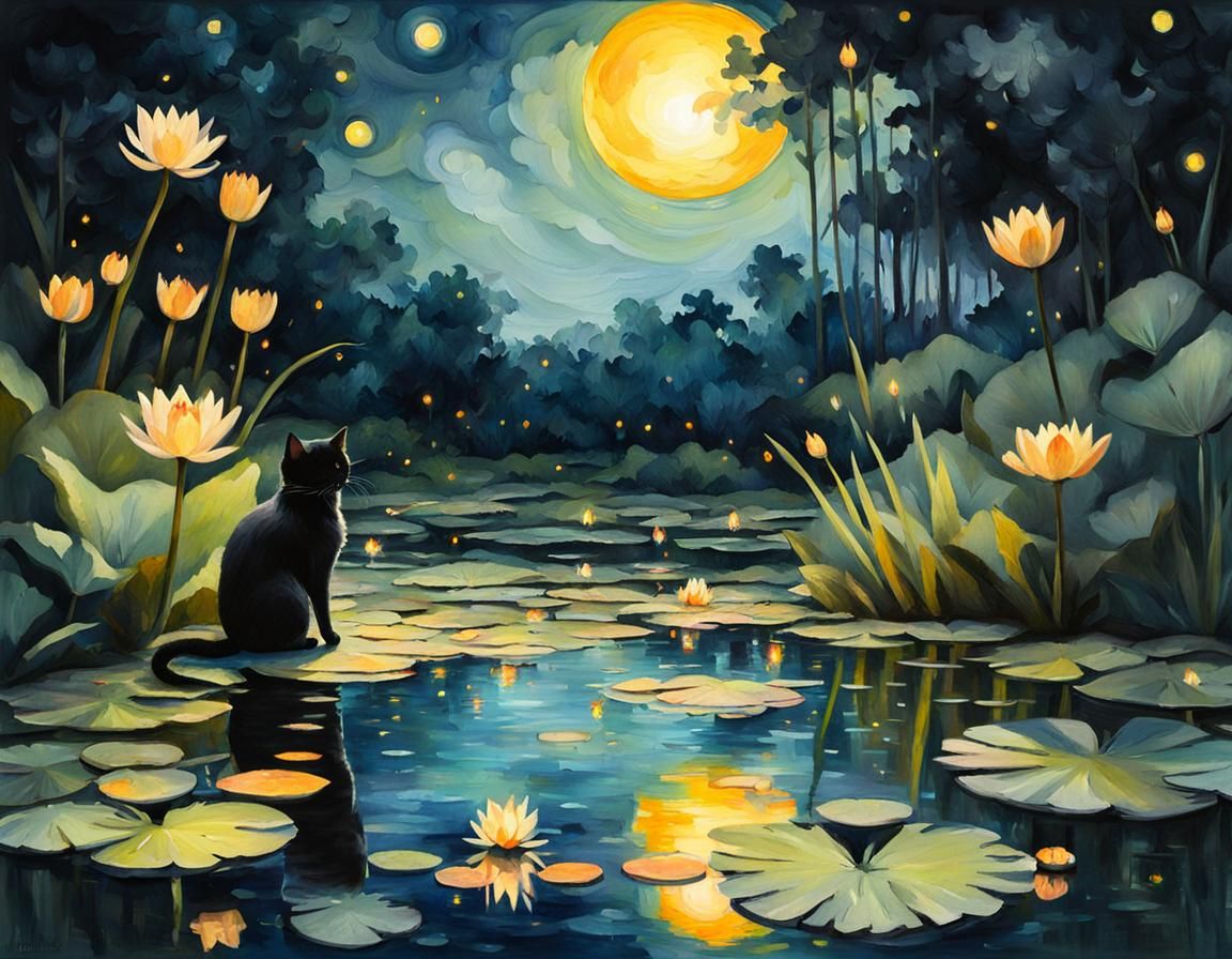 A Little Boy and His Cat Watch Fireflies Dance in a Starlit....