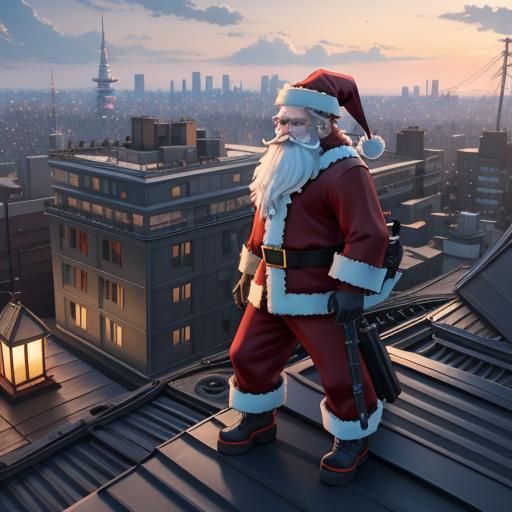 Santa Claus on Rooftop: Anime-Inspired 3D Art