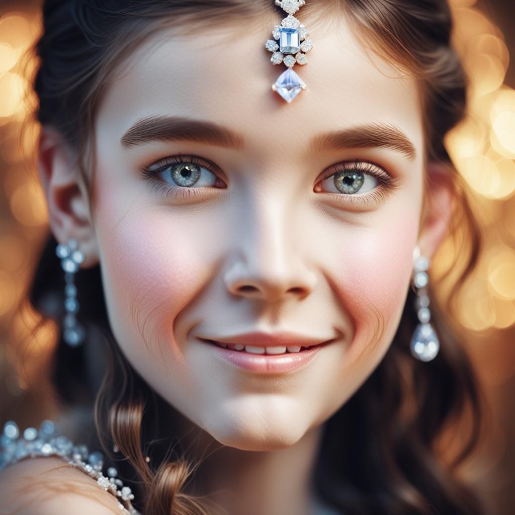 Smiling Girl with Diamond Crown in Watercolor Style