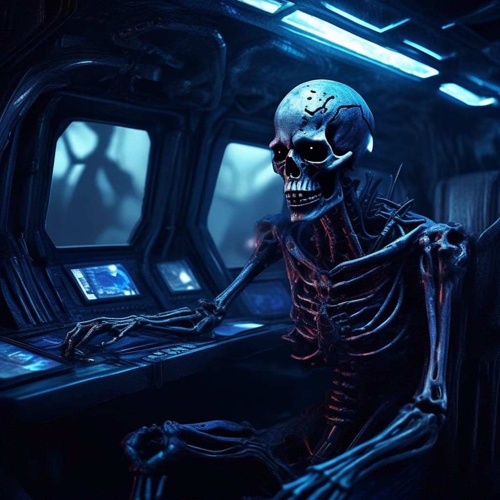 Cybernetic Zombie Horror in Gloomy Starship Interior