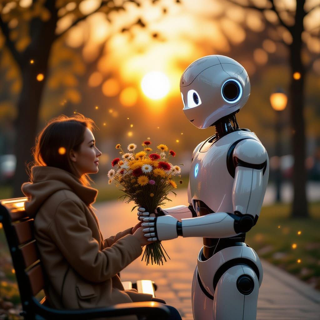 Robot Offers Wildflowers in Futuristic Sunset Park