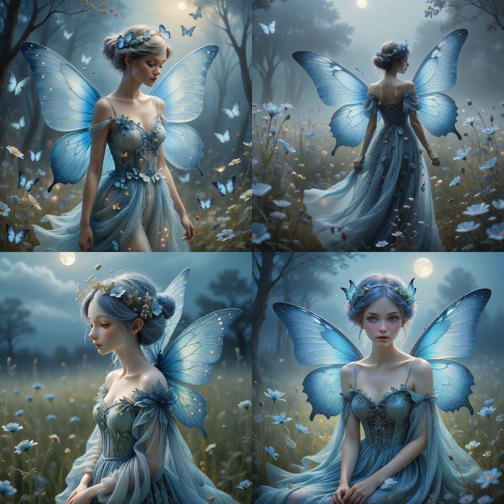 Fabric Pixie with Blue Butterfly Wings in Misty Floral Meado...