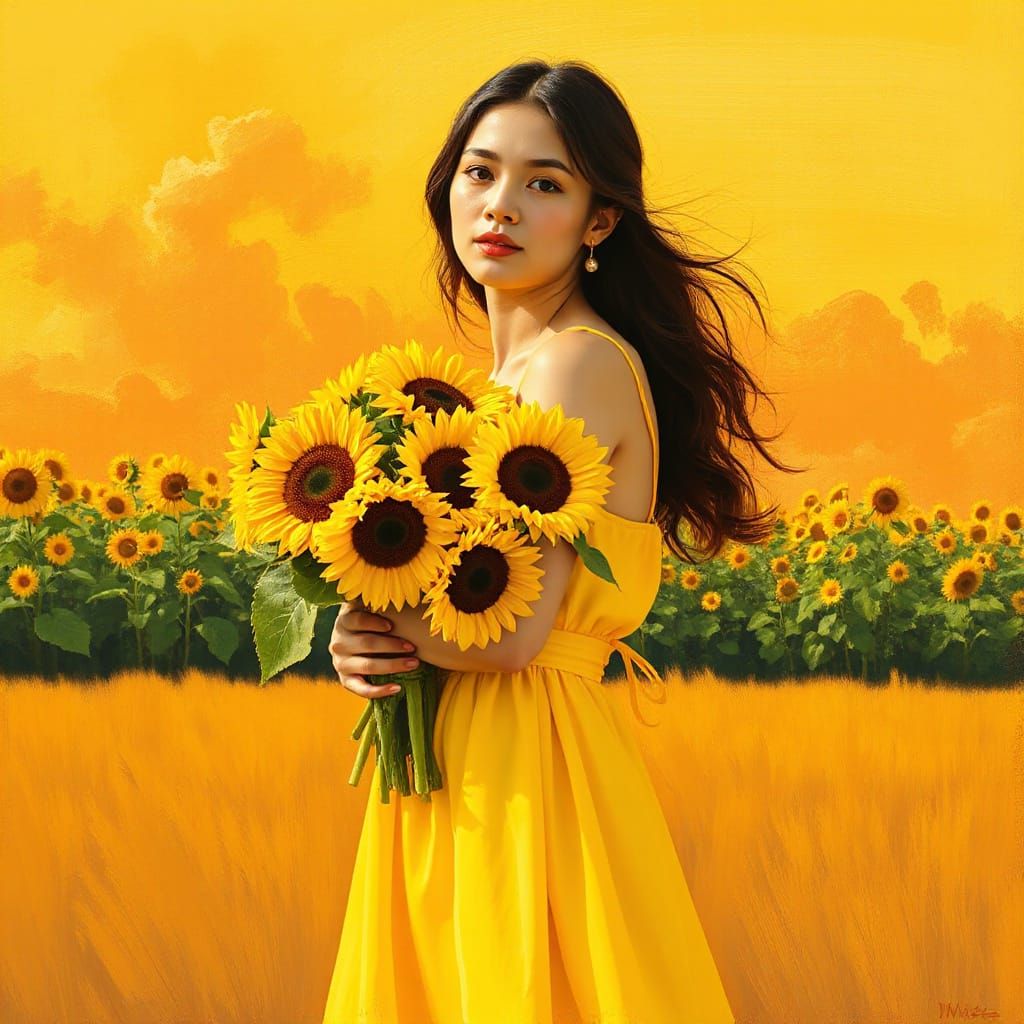 Whimsical Sunflower Hug in Vibrant Murakami Style