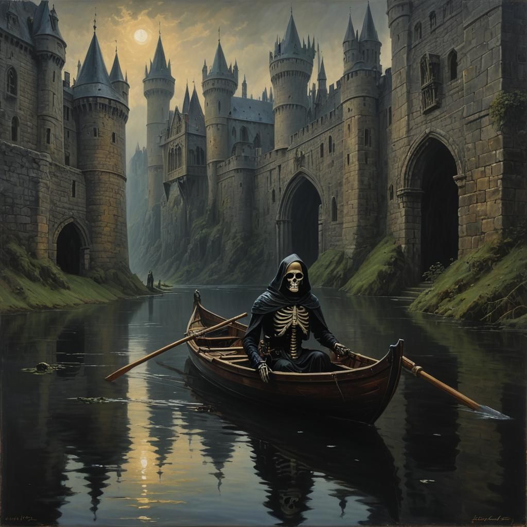 Ominous Skeleton Ferryman in Dark Castle Moat